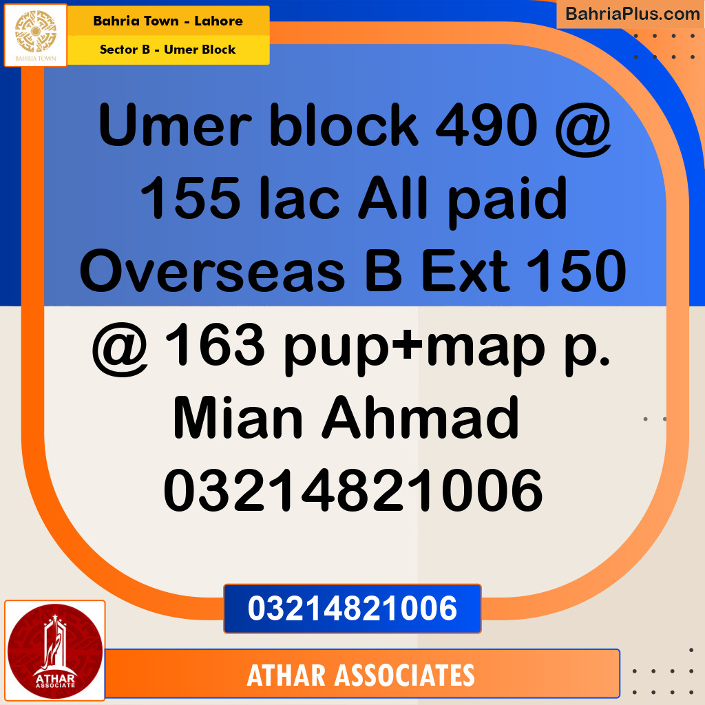 8 Marla Residential Plot for Sale in Sector B - Umer Block -  Bahria Town, Lahore - (BP-261277)
