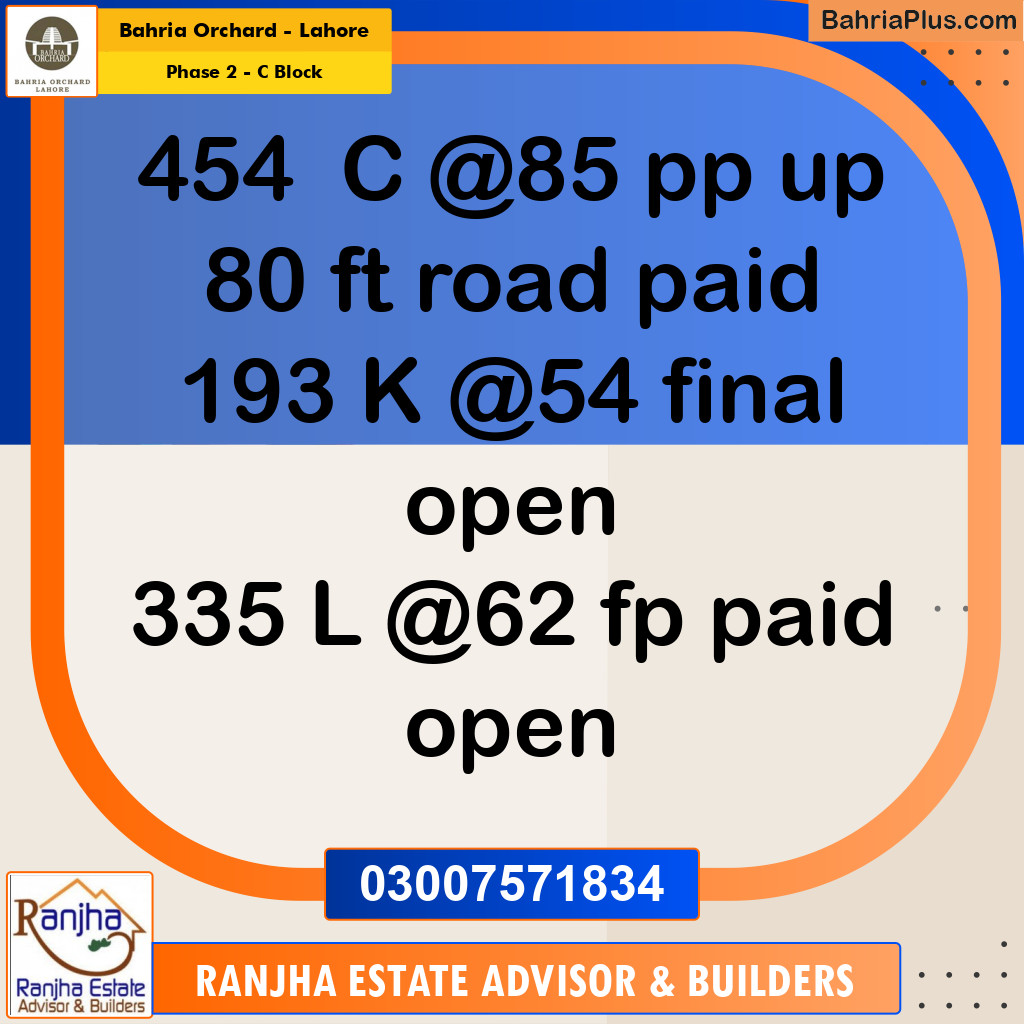 8 Marla Residential Plot for Sale in Phase 2 - C Block -  Bahria Orchard, Lahore - (BP-261350)