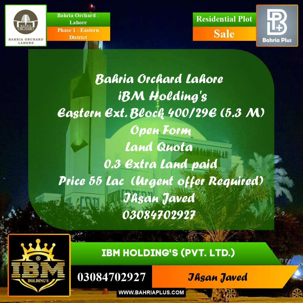5 Marla Residential Plot for Sale in Phase 1 - Eastern District -  Bahria Orchard, Lahore - (BP-261399)