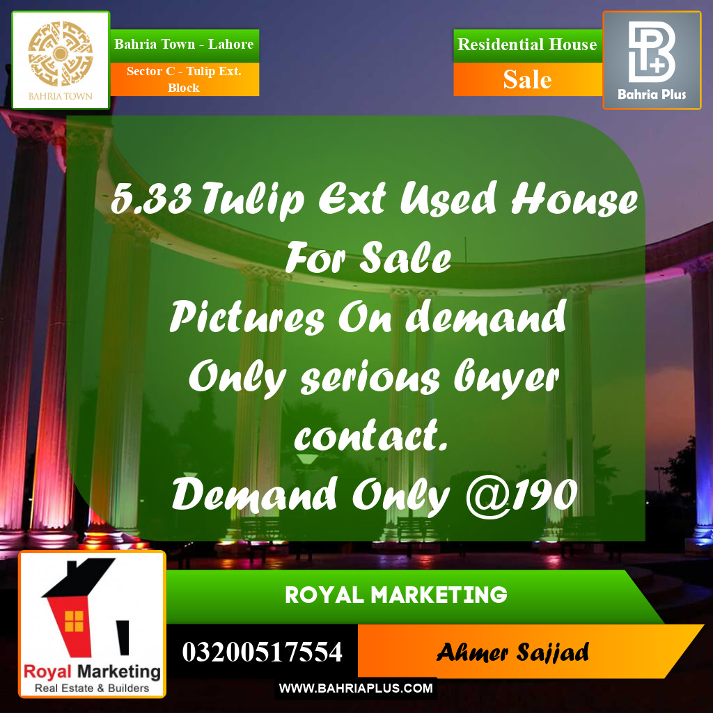 5.33 Marla Residential House for Sale in Sector C - Tulip Ext. Block -  Bahria Town, Lahore - (BP-261509)