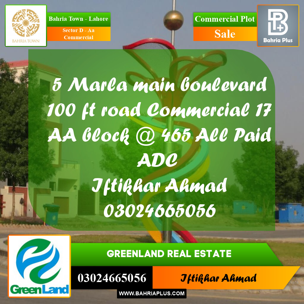5 Marla Commercial Plot for Sale in Sector D - AA Commercial -  Bahria Town, Lahore - (BP-261561)