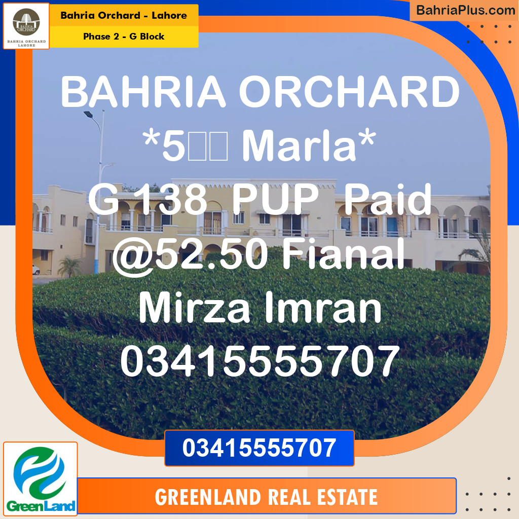 5 Marla Residential Plot for Sale in Phase 2 - G Block -  Bahria Orchard, Lahore - (BP-261714)
