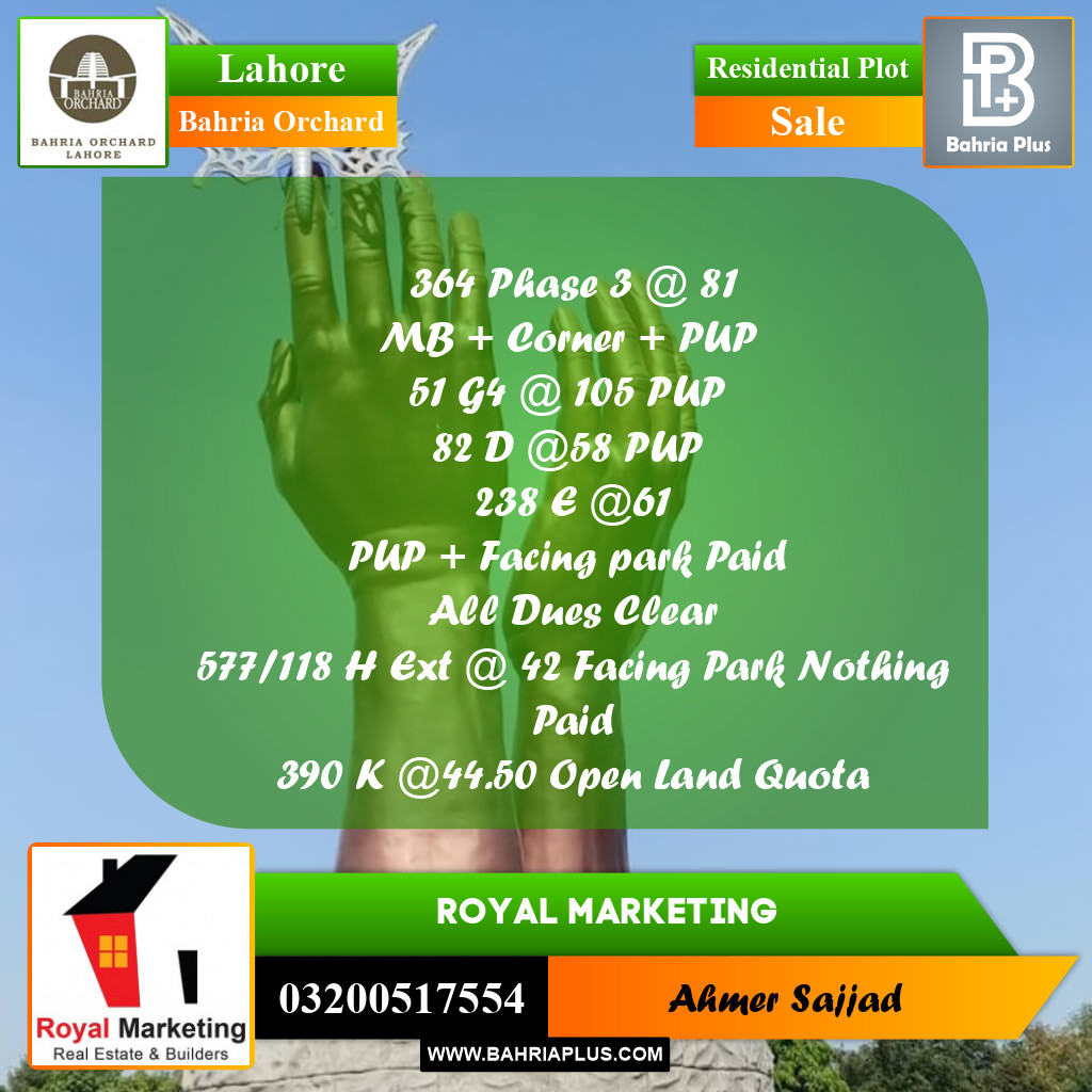 Residential Plot for Sale in Bahria Orchard, Lahore - (BP-261800)