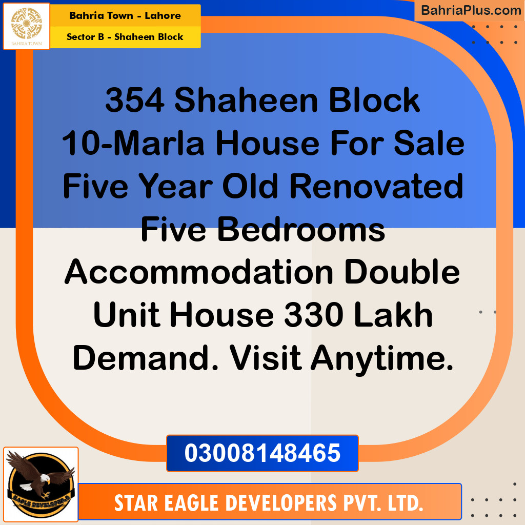 10 Marla Residential House for Sale in Sector B - Shaheen Block -  Bahria Town, Lahore - (BP-261846)