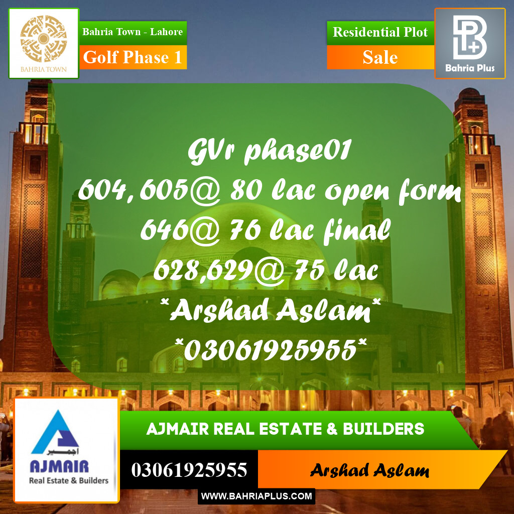 Residential Plot for Sale in Golf Phase 1 -  Bahria Town, Lahore - (BP-261957)