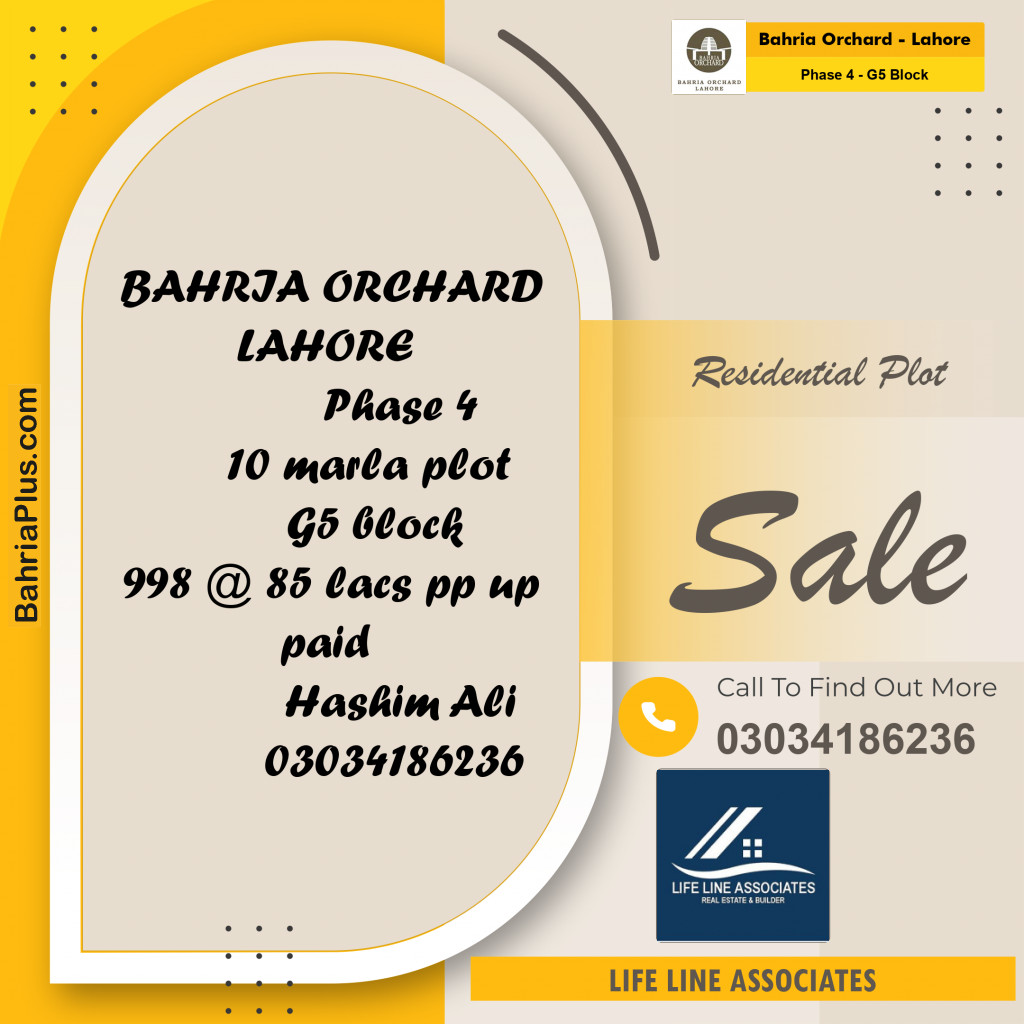 10 Marla Residential Plot for Sale in Phase 4 - G5 Block -  Bahria Orchard, Lahore - (BP-261959)