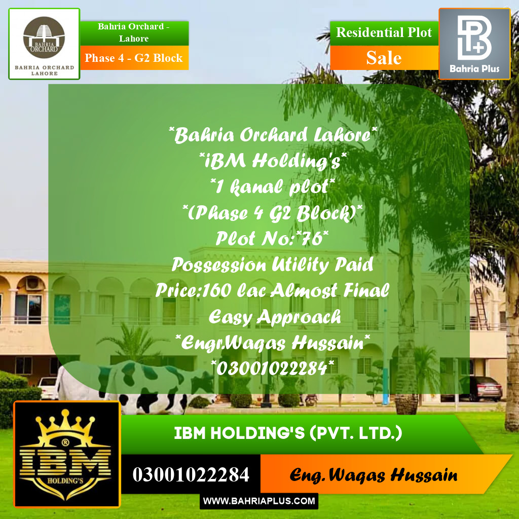 20 Marla Residential Plot for Sale in Phase 4 - G2 Block -  Bahria Orchard, Lahore - (BP-261973)