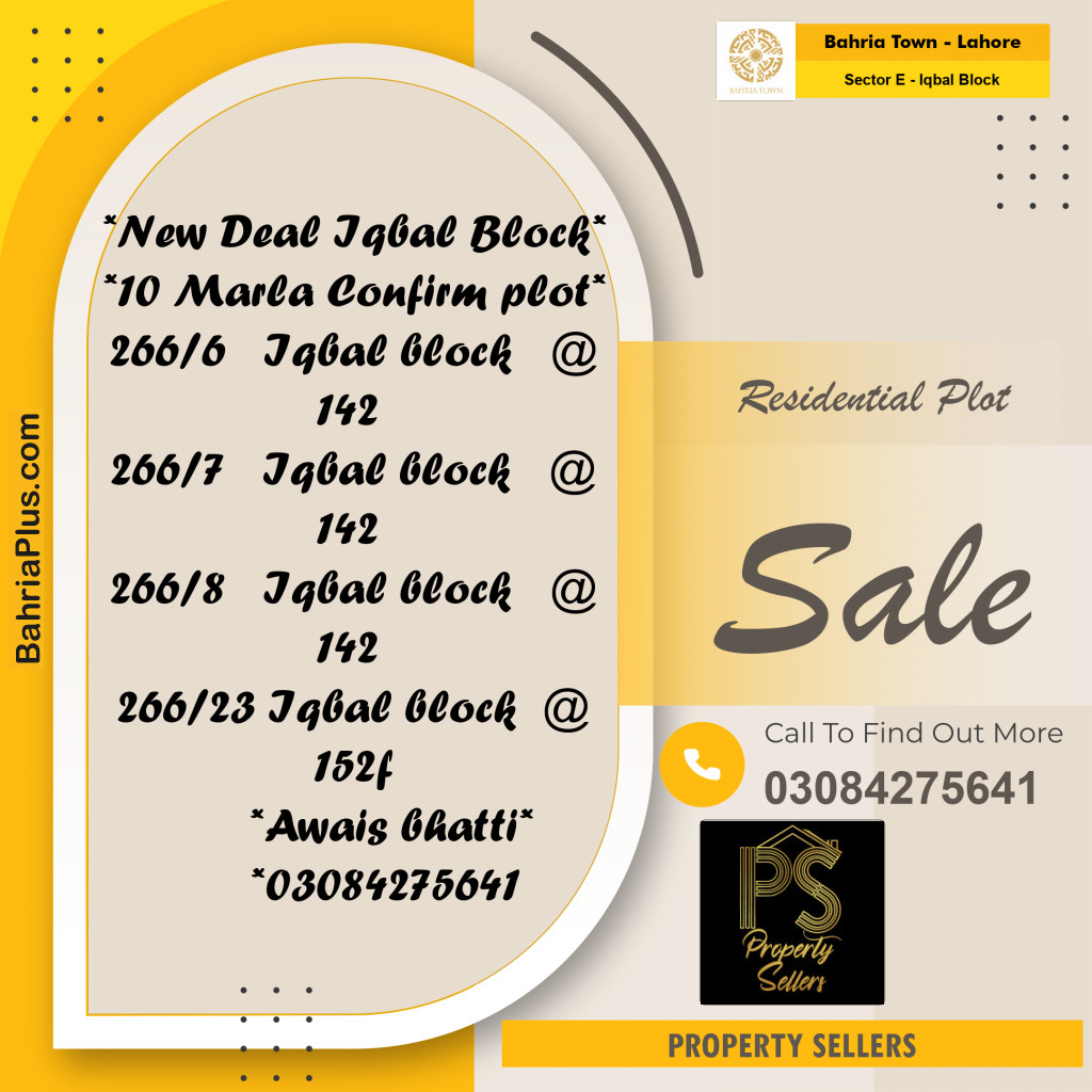 10 Marla Residential Plot for Sale in Sector E - Iqbal Block -  Bahria Town, Lahore - (BP-262003)