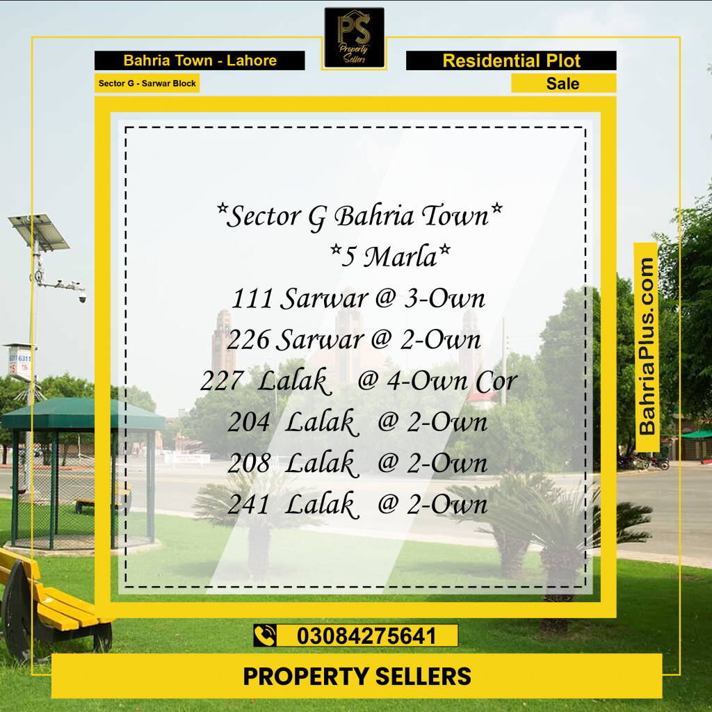 5 Marla Residential Plot for Sale in Sector G - Sarwar Block -  Bahria Town, Lahore - (BP-262004)