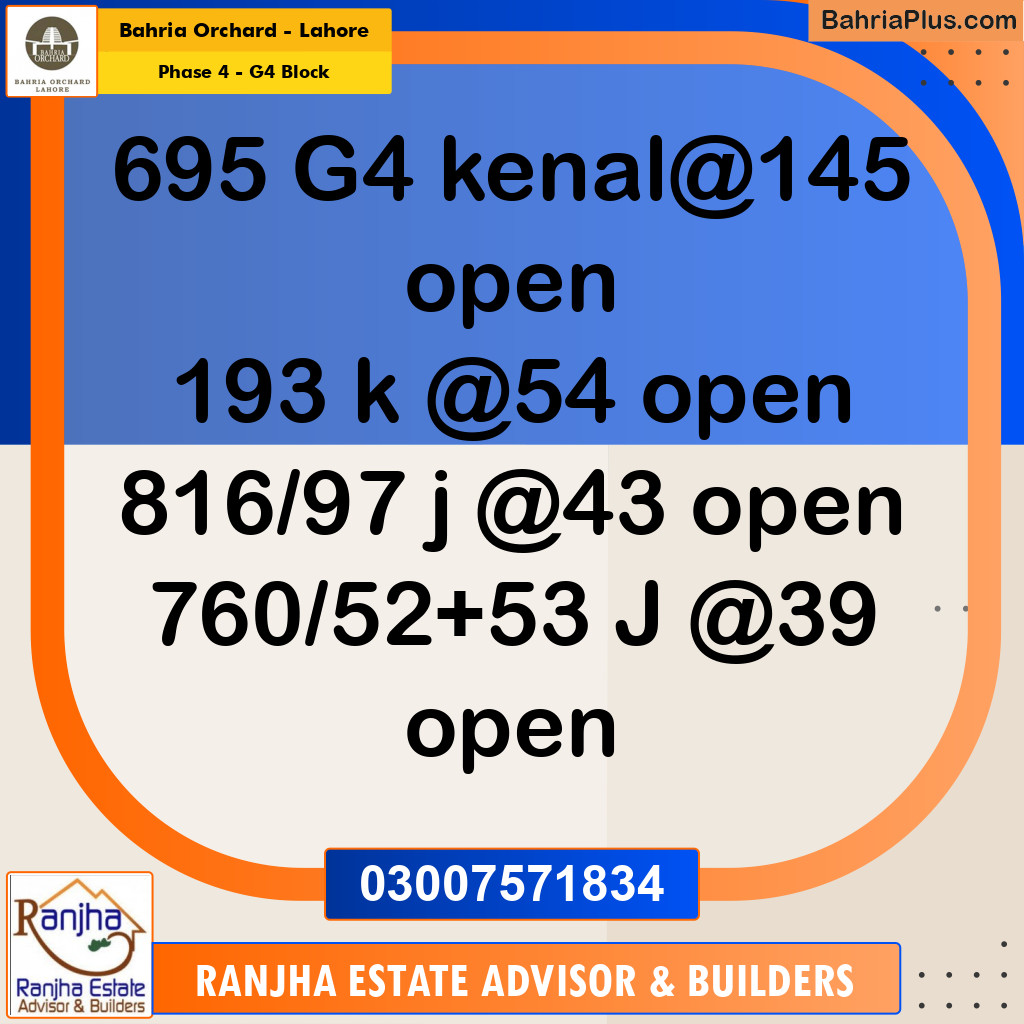 1 Kanal Residential Plot for Sale in Phase 4 - G4 Block -  Bahria Orchard, Lahore - (BP-262031)