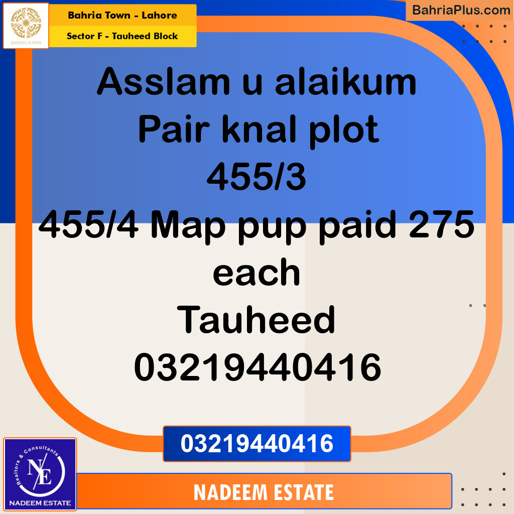 Residential Plot for Sale in Sector F - Tauheed Block -  Bahria Town, Lahore - (BP-262034)