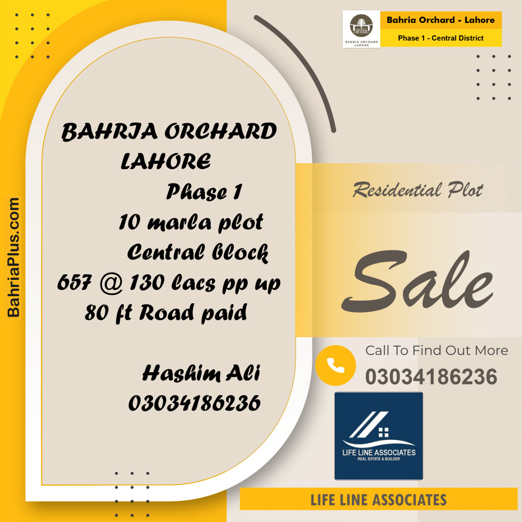 10 Marla Residential Plot for Sale in Phase 1 - Central District -  Bahria Orchard, Lahore - (BP-262109)