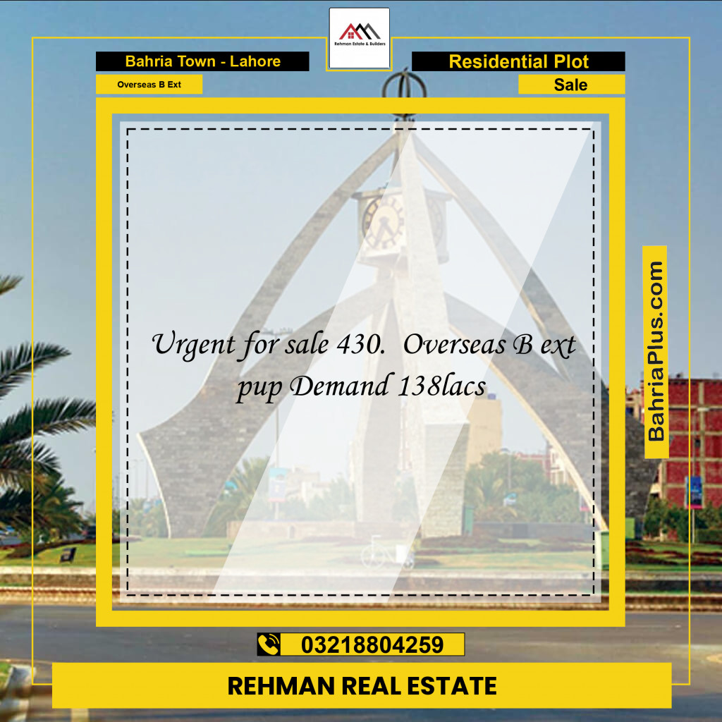10 Marla Residential Plot for Sale in Overseas B Ext -  Bahria Town, Lahore - (BP-262158)