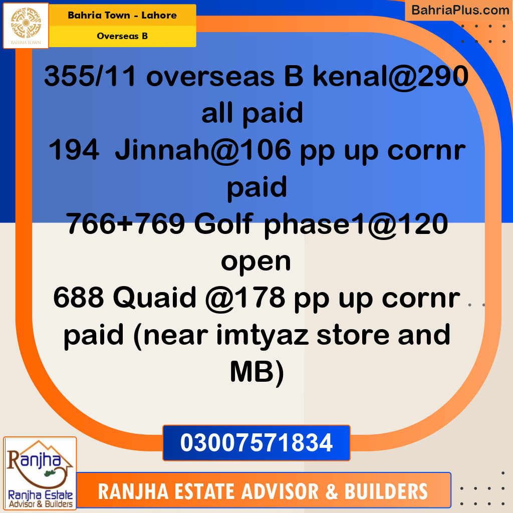 1 Kanal Residential Plot for Sale in Overseas B -  Bahria Town, Lahore - (BP-262236)
