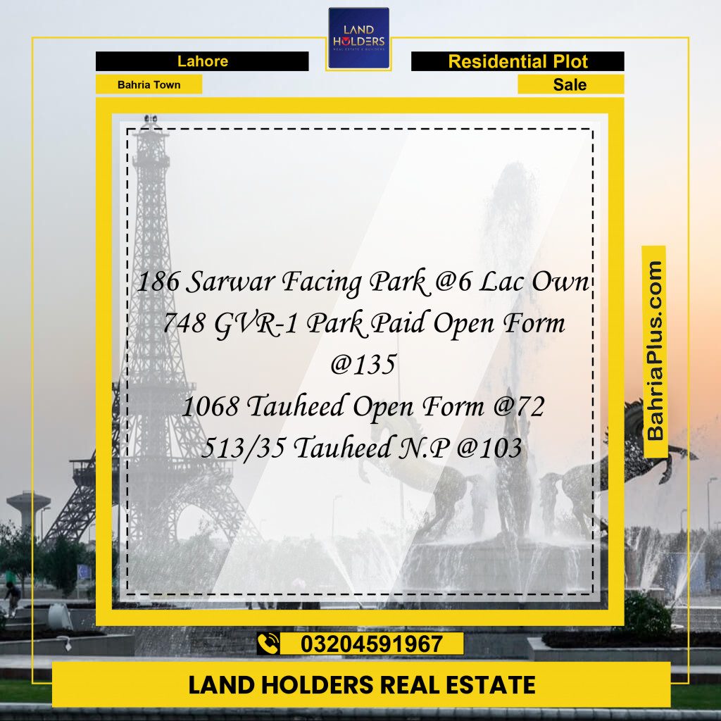 Residential Plot for Sale in Bahria Town, Lahore - (BP-262305)