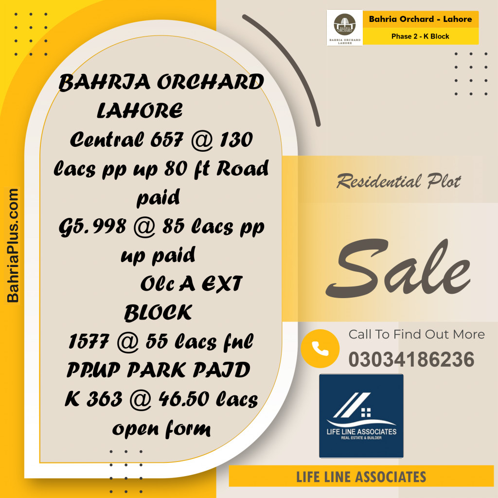 5 Marla Residential Plot for Sale in Phase 2 - K Block -  Bahria Orchard, Lahore - (BP-262350)
