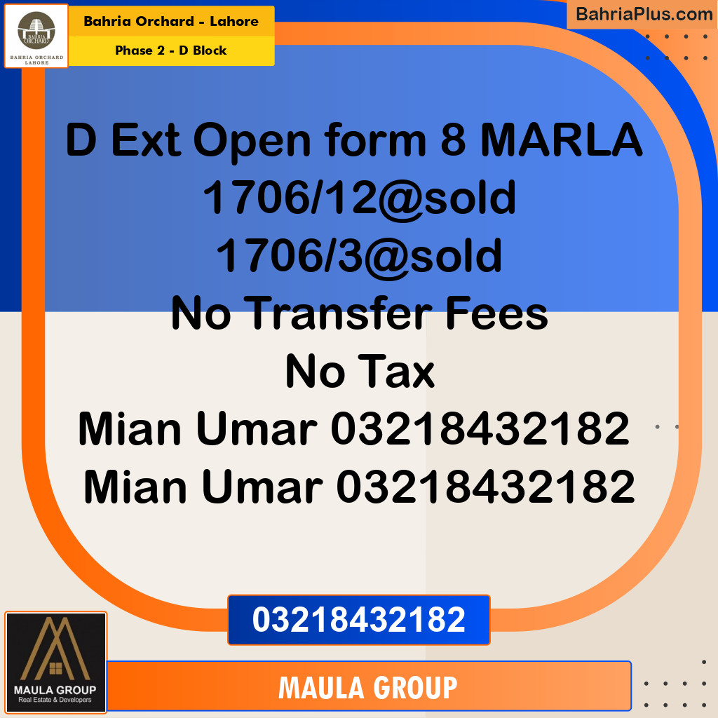 8 Marla Residential Plot for Sale in Phase 2 - D Block -  Bahria Orchard, Lahore - (BP-262539)