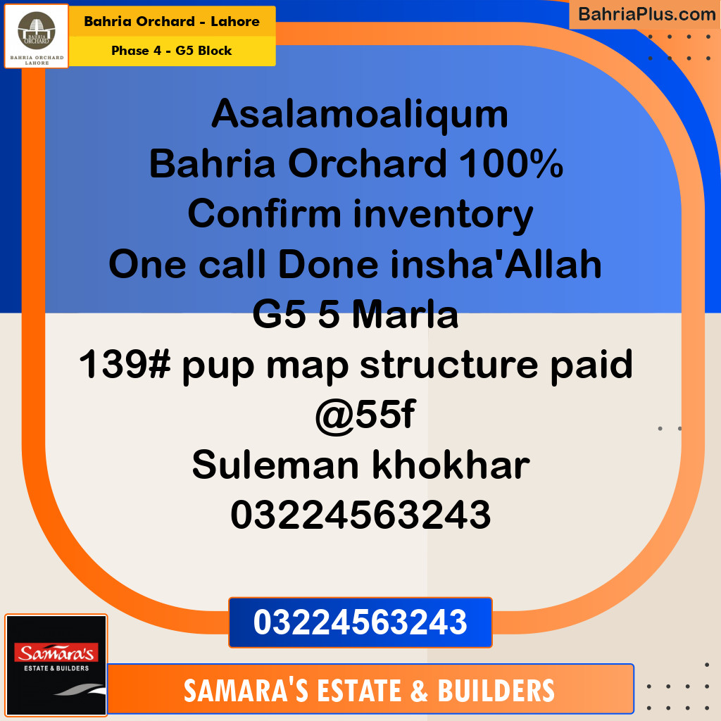 5 Marla Residential Plot for Sale in Phase 4 - G5 Block -  Bahria Orchard, Lahore - (BP-262590)