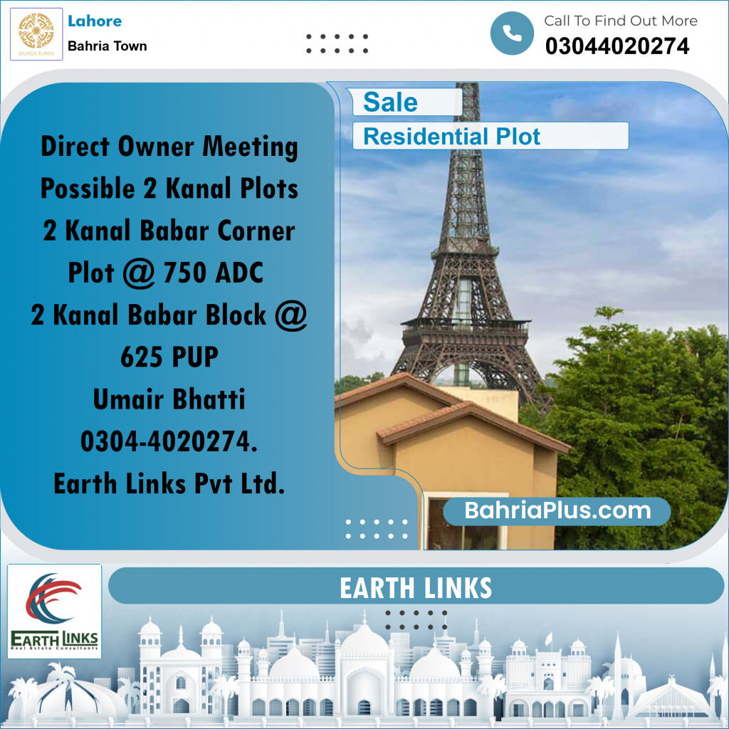 2 Kanal Residential Plot for Sale in Bahria Town, Lahore - (BP-262593)