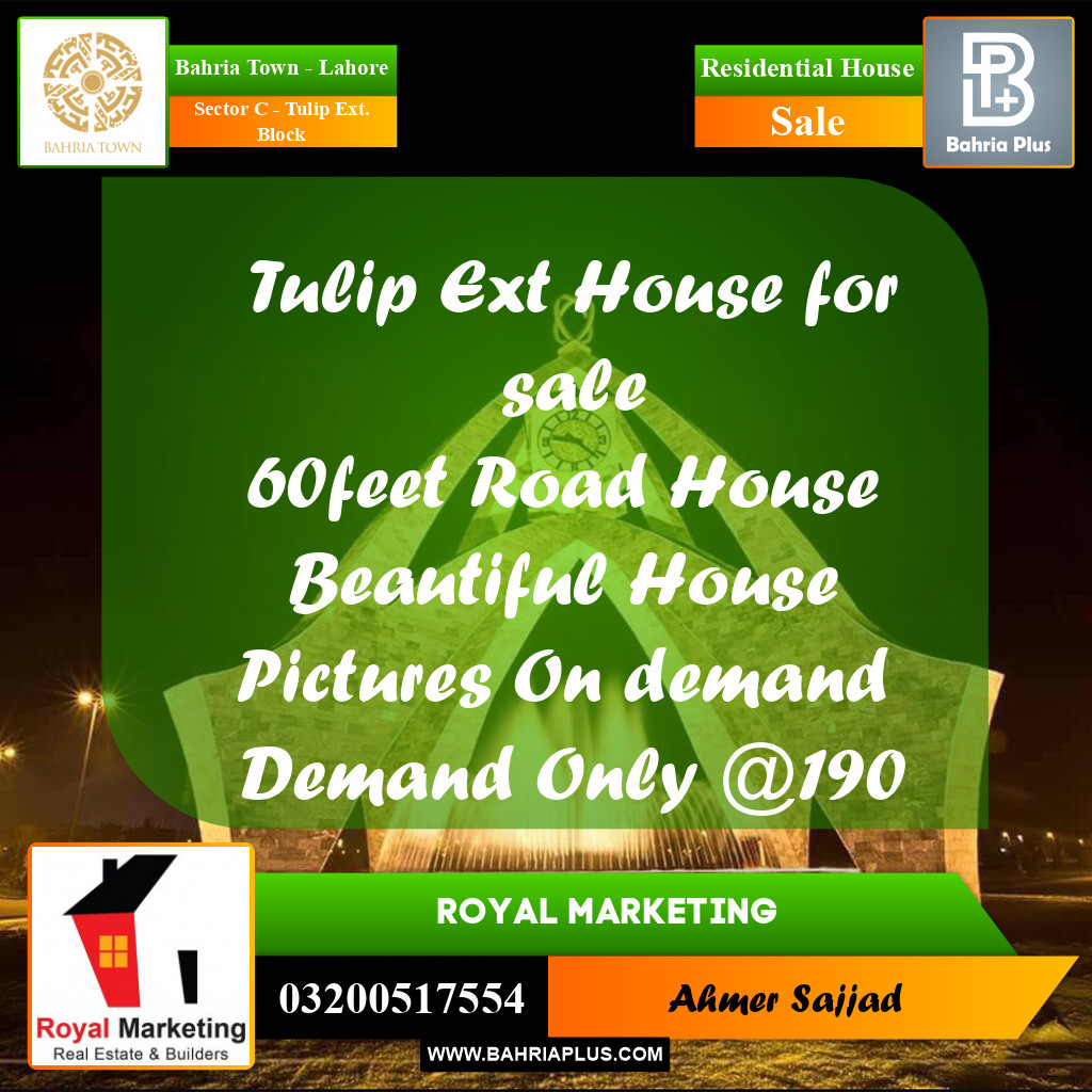 Residential House for Sale in Sector C - Tulip Ext. Block -  Bahria Town, Lahore - (BP-262672)