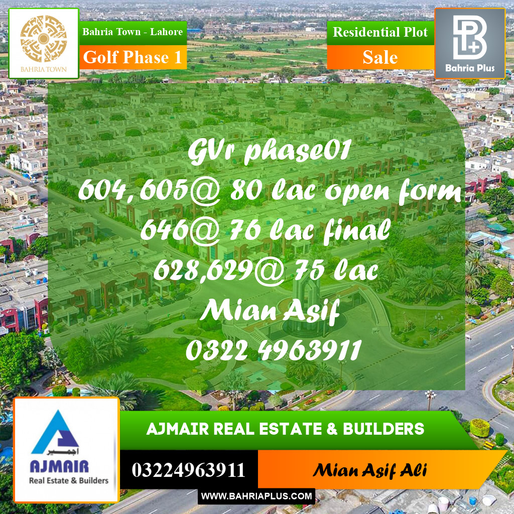 Residential Plot for Sale in Golf Phase 1 -  Bahria Town, Lahore - (BP-262691)