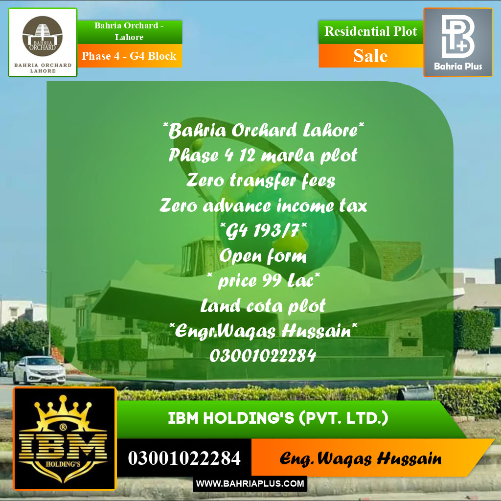 12 Marla Residential Plot for Sale in Phase 4 - G4 Block -  Bahria Orchard, Lahore - (BP-262727)