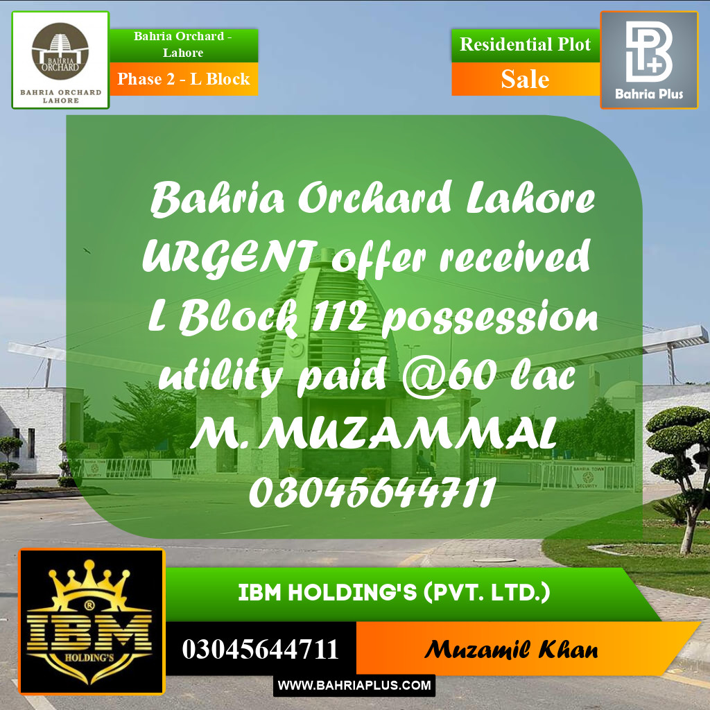 5 Marla Residential Plot for Sale in Phase 2 - L Block -  Bahria Orchard, Lahore - (BP-262816)