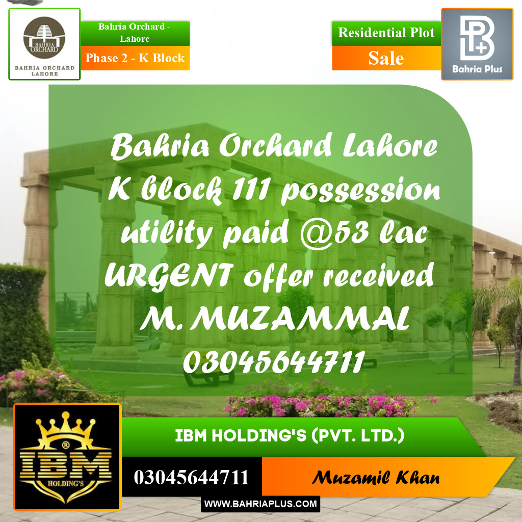 5 Marla Residential Plot for Sale in Phase 2 - K Block -  Bahria Orchard, Lahore - (BP-262820)