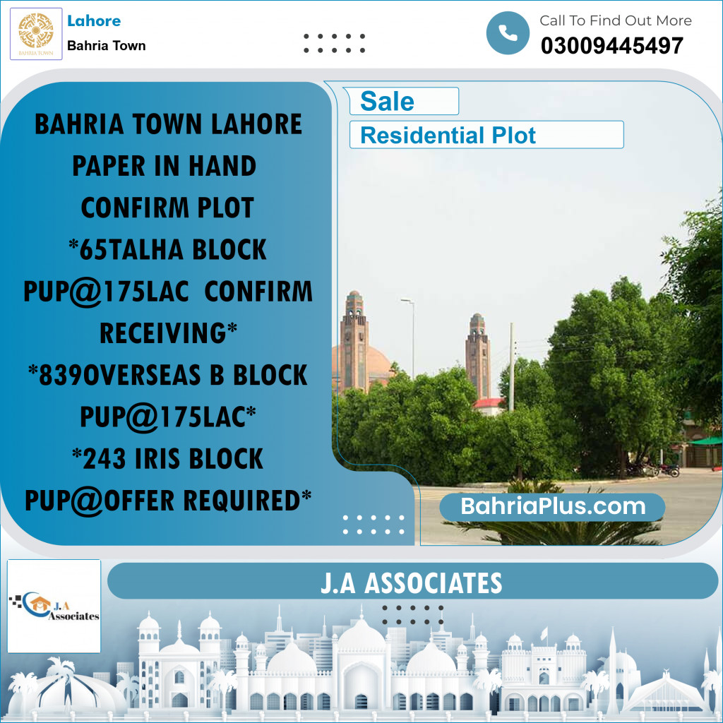 Residential Plot for Sale in Bahria Town, Lahore - (BP-263020)