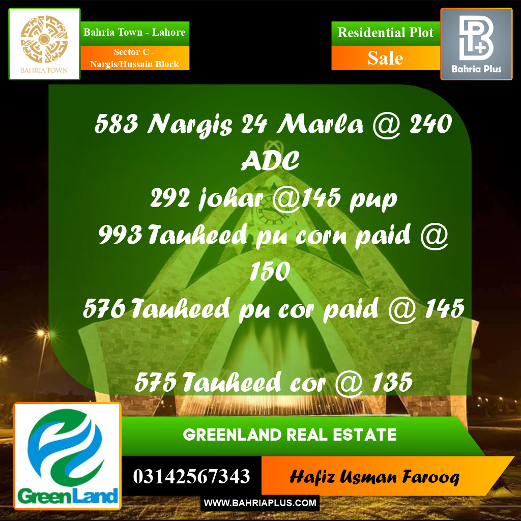 24 Marla Residential Plot for Sale in Sector C - Nargis/Hussain Block -  Bahria Town, Lahore - (BP-263031)