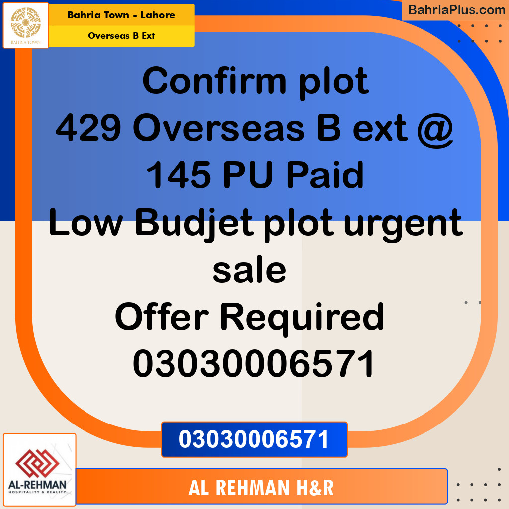 10 Marla Residential Plot for Sale in Overseas B Ext -  Bahria Town, Lahore - (BP-263092)