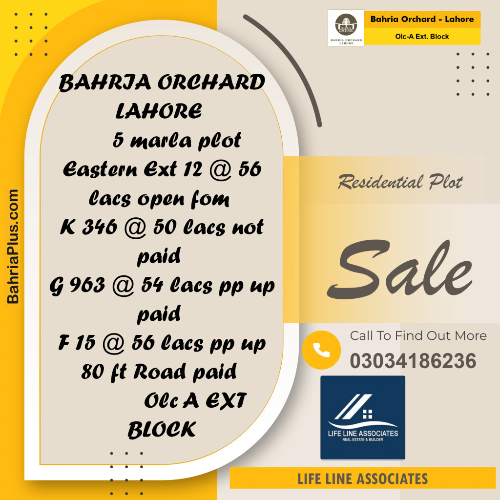 5 Marla Residential Plot for Sale in OLC-A Ext. Block -  Bahria Orchard, Lahore - (BP-263289)