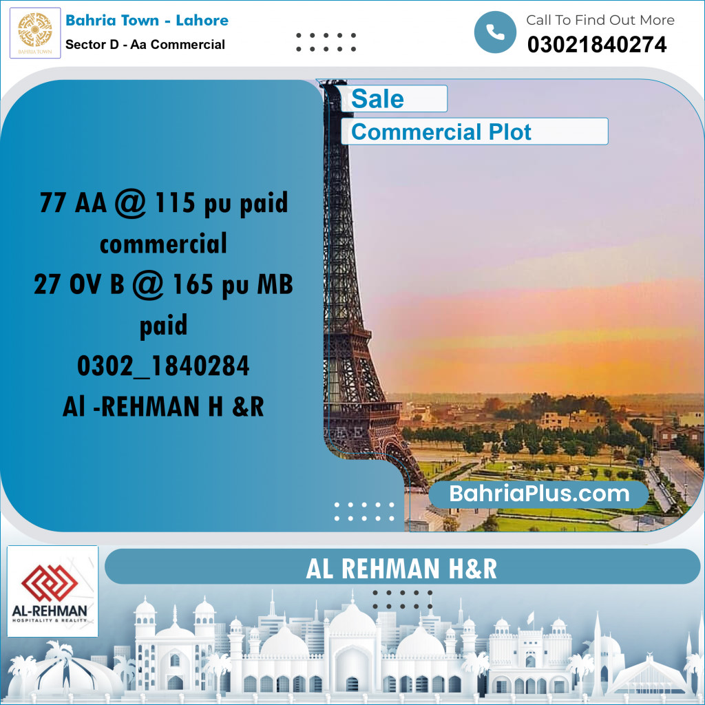 2 Marla Commercial Plot for Sale in Sector D - AA Commercial -  Bahria Town, Lahore - (BP-263293)