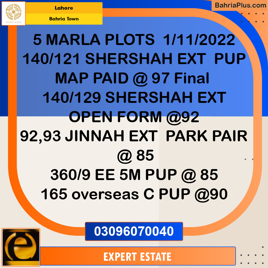 5 Marla Residential Plot for Sale in Bahria Town, Lahore - (BP-263335)