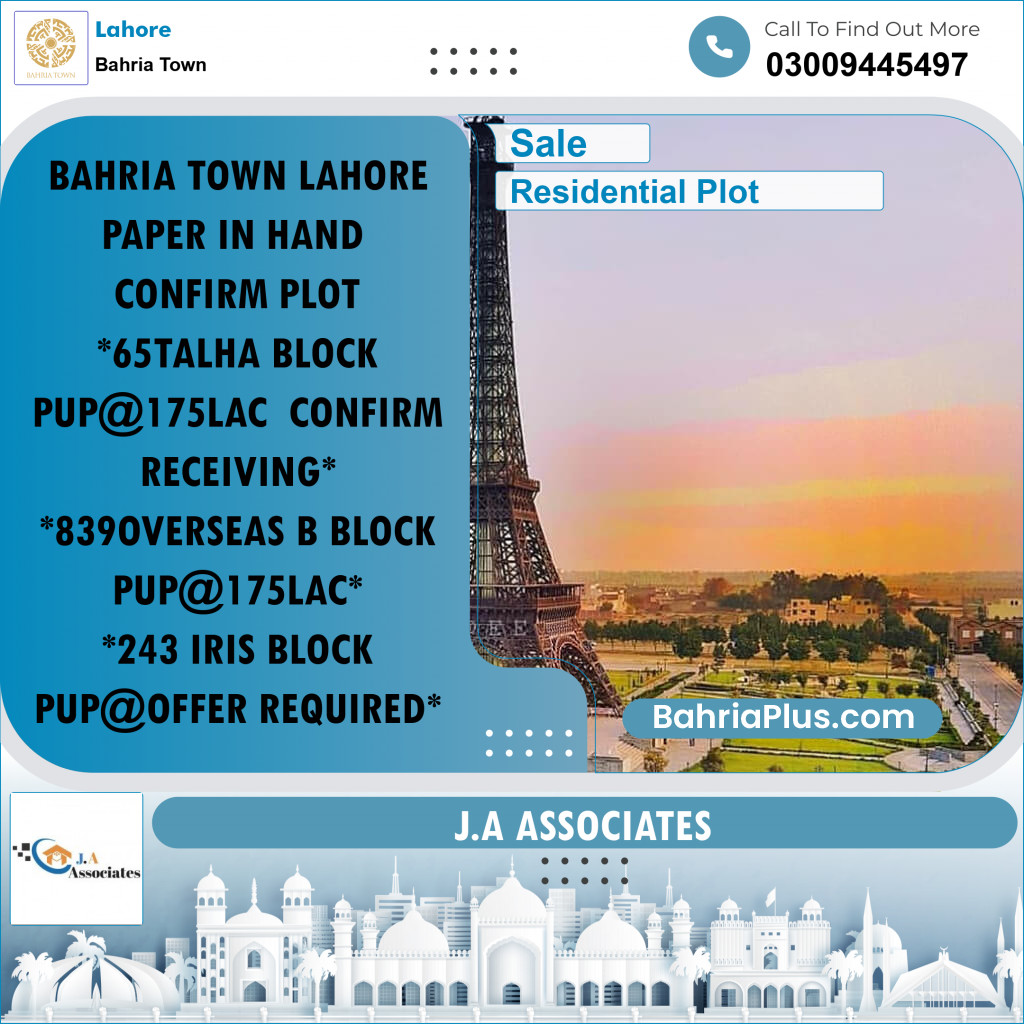 Residential Plot for Sale in Bahria Town, Lahore - (BP-263374)
