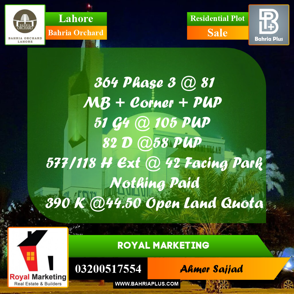 Residential Plot for Sale in Bahria Orchard, Lahore - (BP-263505)