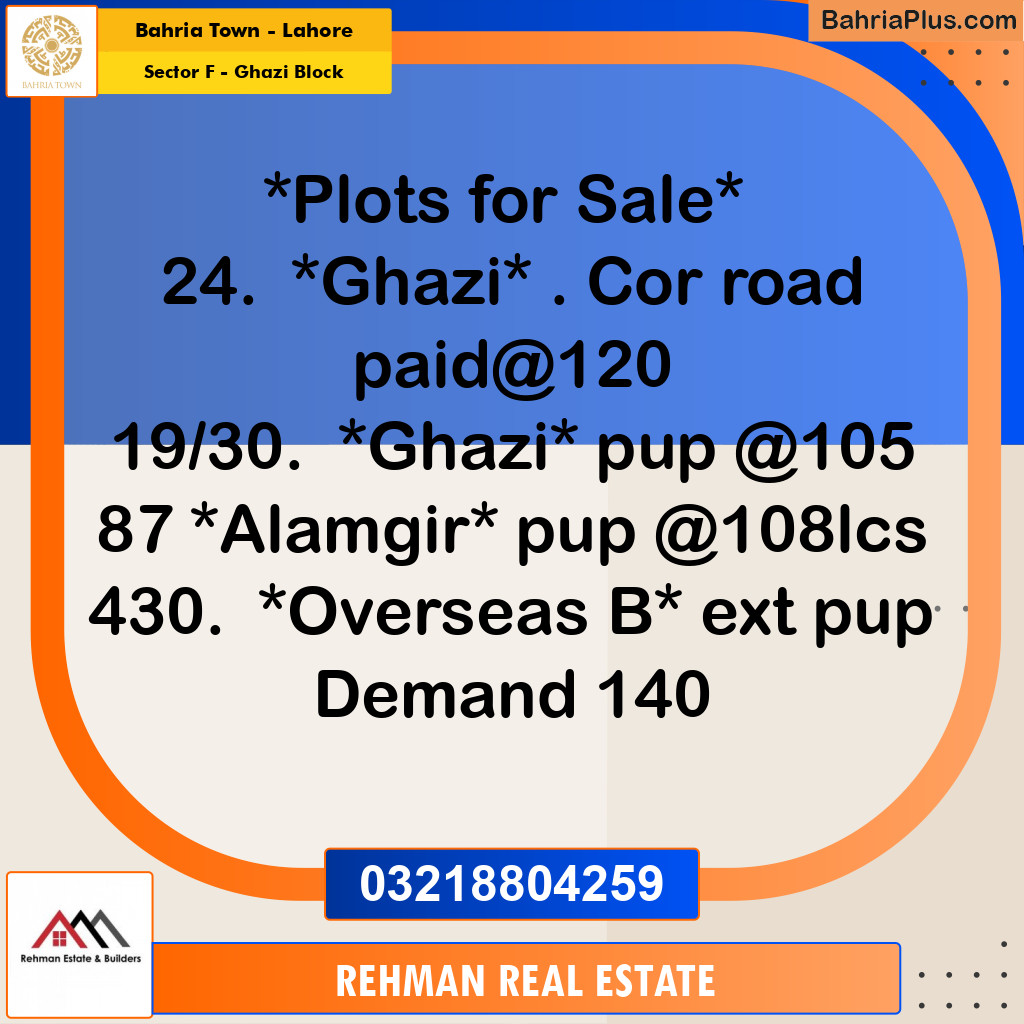 10 Marla Residential Plot for Sale in Sector F - Ghazi Block -  Bahria Town, Lahore - (BP-263592)