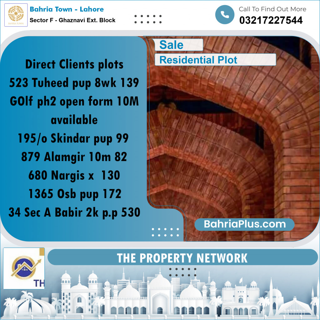 10 Marla Residential Plot for Sale in Sector F - Ghaznavi Ext. Block -  Bahria Town, Lahore - (BP-263744)