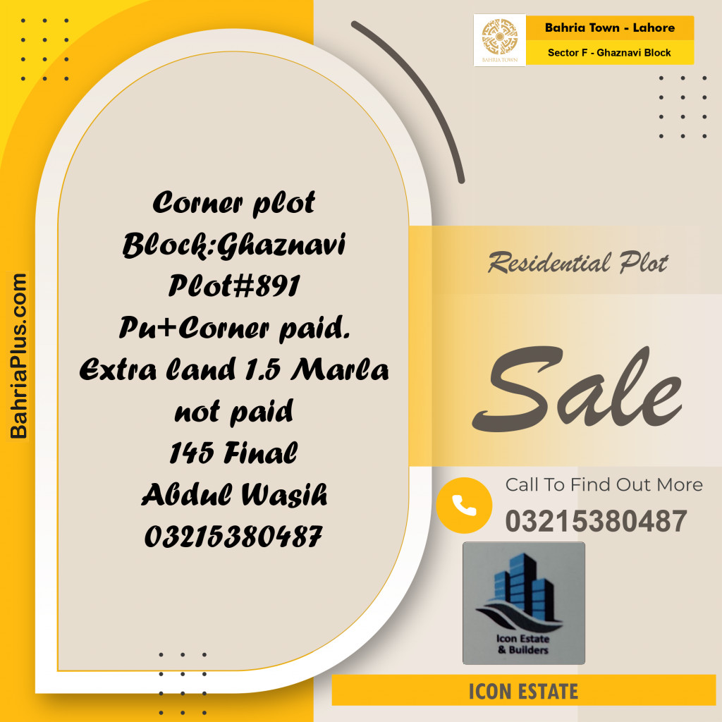11.5 Marla Residential Plot for Sale in Sector F - Ghaznavi Block -  Bahria Town, Lahore - (BP-263792)