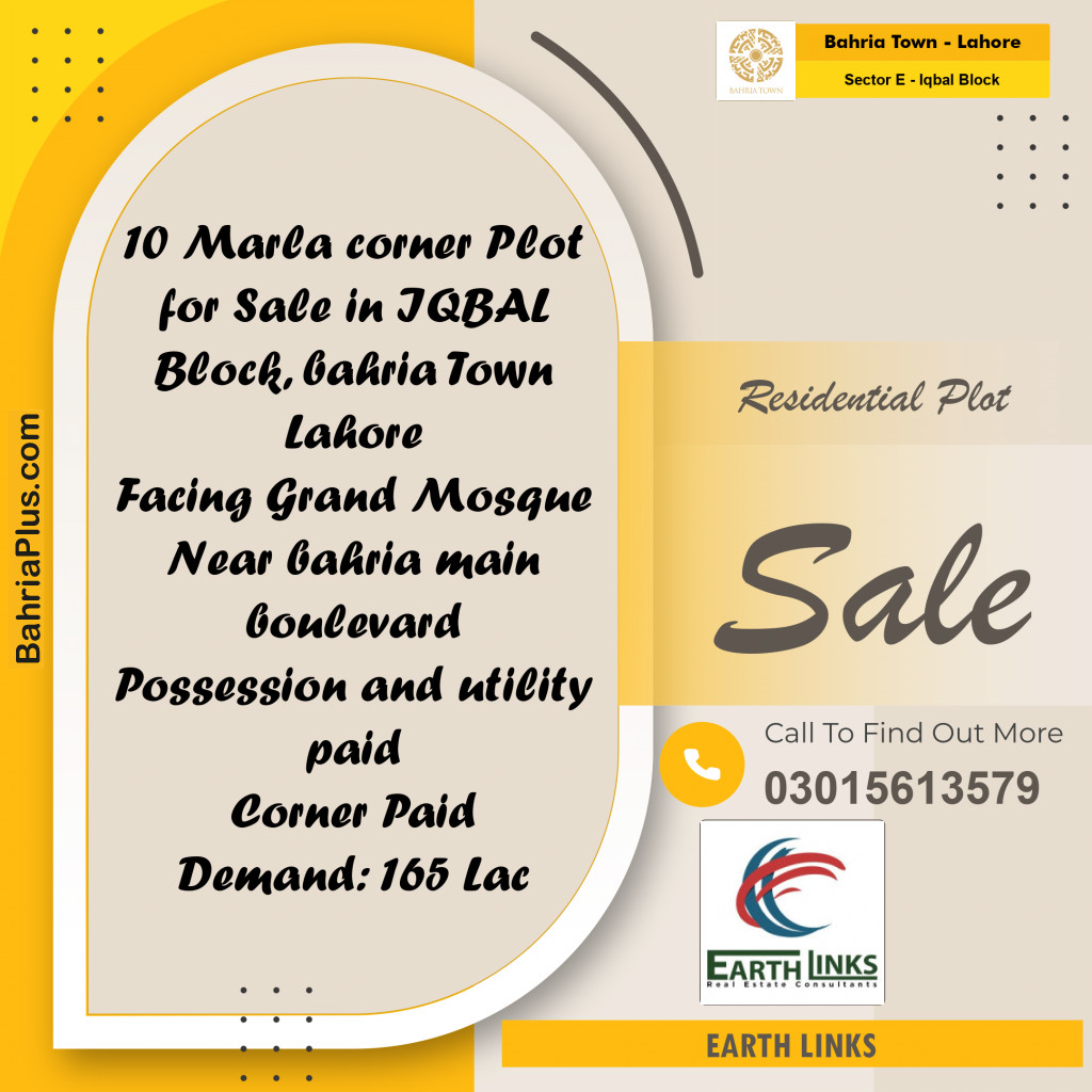 10 Marla Residential Plot for Sale in Sector E - Iqbal Block -  Bahria Town, Lahore - (BP-263799)