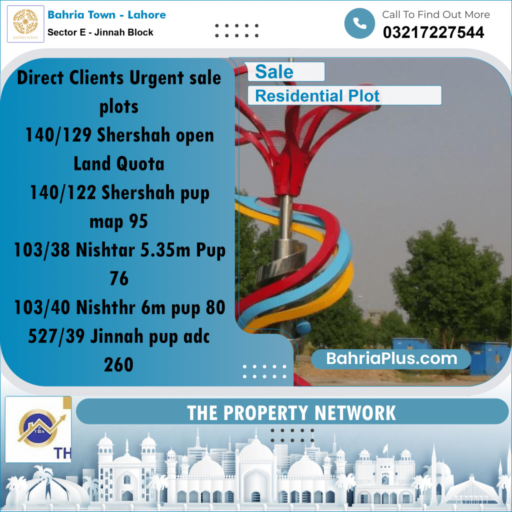 1 Kanal Residential Plot for Sale in Sector E - Jinnah Block -  Bahria Town, Lahore - (BP-264010)