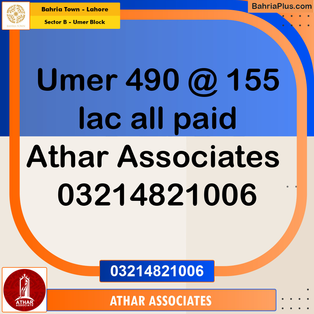 8 Marla Residential Plot for Sale in Sector B - Umer Block -  Bahria Town, Lahore - (BP-264101)