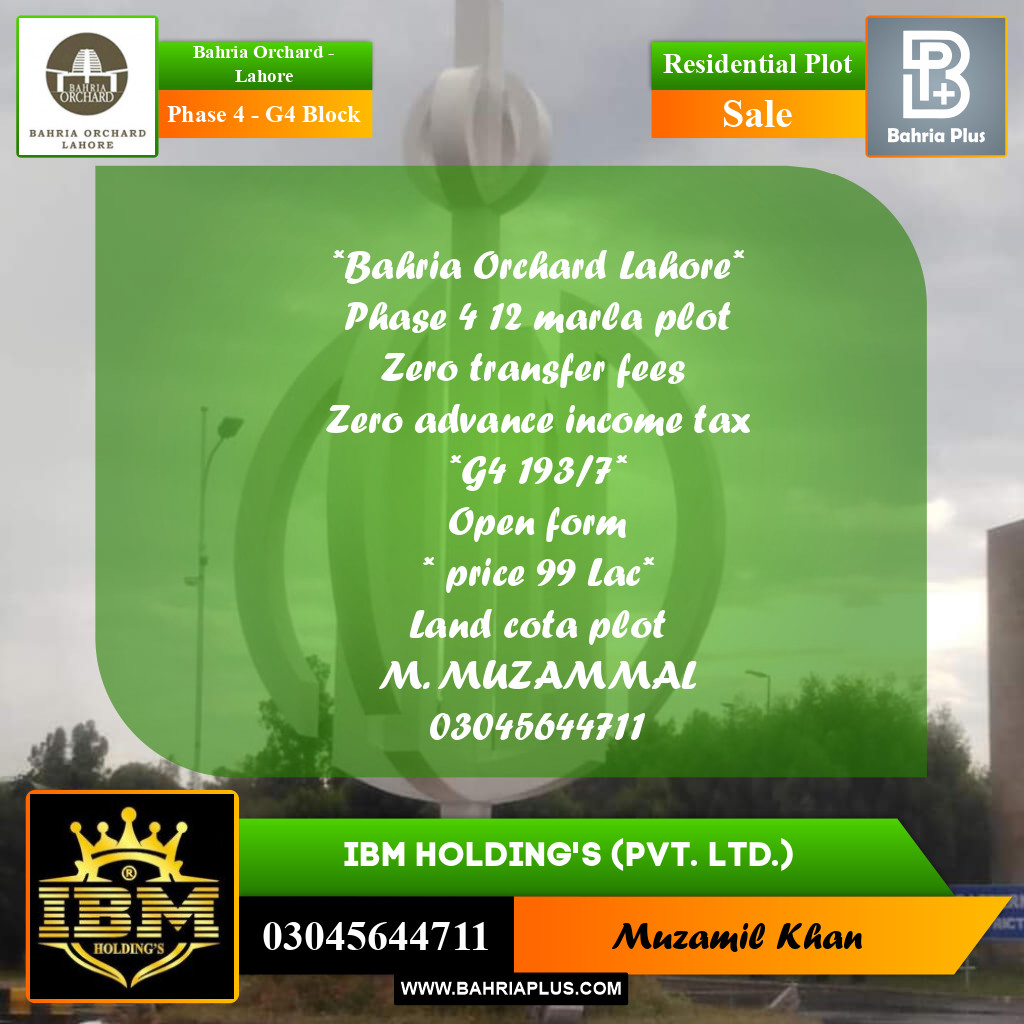 10 Marla Residential Plot for Sale in Phase 4 - G4 Block -  Bahria Orchard, Lahore - (BP-264224)