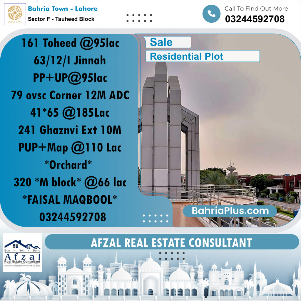 10 Marla Residential Plot for Sale in Sector F - Tauheed Block -  Bahria Town, Lahore - (BP-264317)