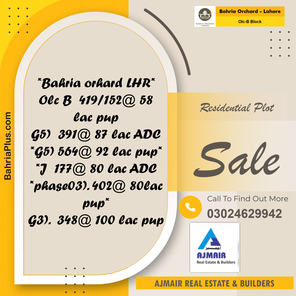 5 Marla Residential Plot for Sale in OLC-B Block -  Bahria Orchard, Lahore - (BP-264321)