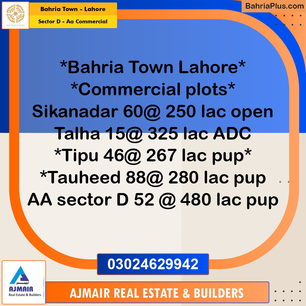 5 Marla Commercial Plot for Sale in Sector D - AA Commercial -  Bahria Town, Lahore - (BP-264325)