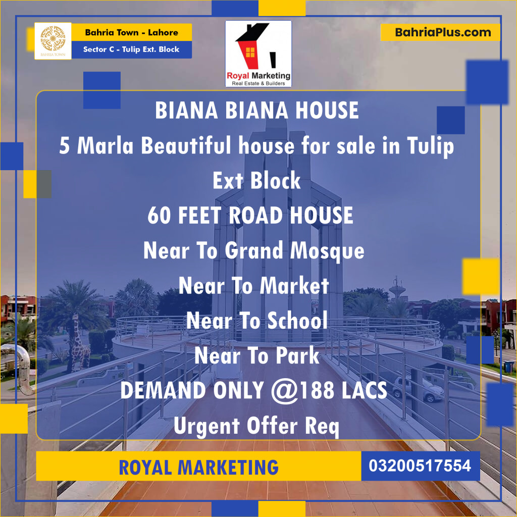 5 Marla Residential House for Sale in Sector C - Tulip Ext. Block -  Bahria Town, Lahore - (BP-264351)