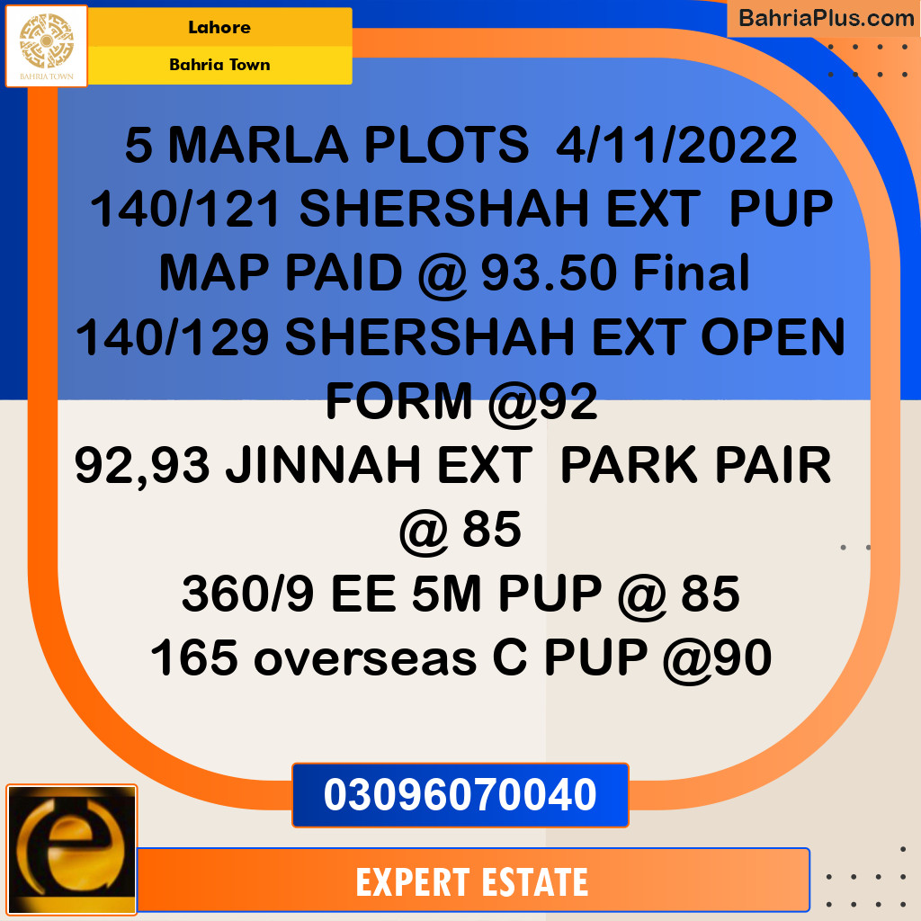 5 Marla Residential Plot for Sale in Bahria Town, Lahore - (BP-264604)