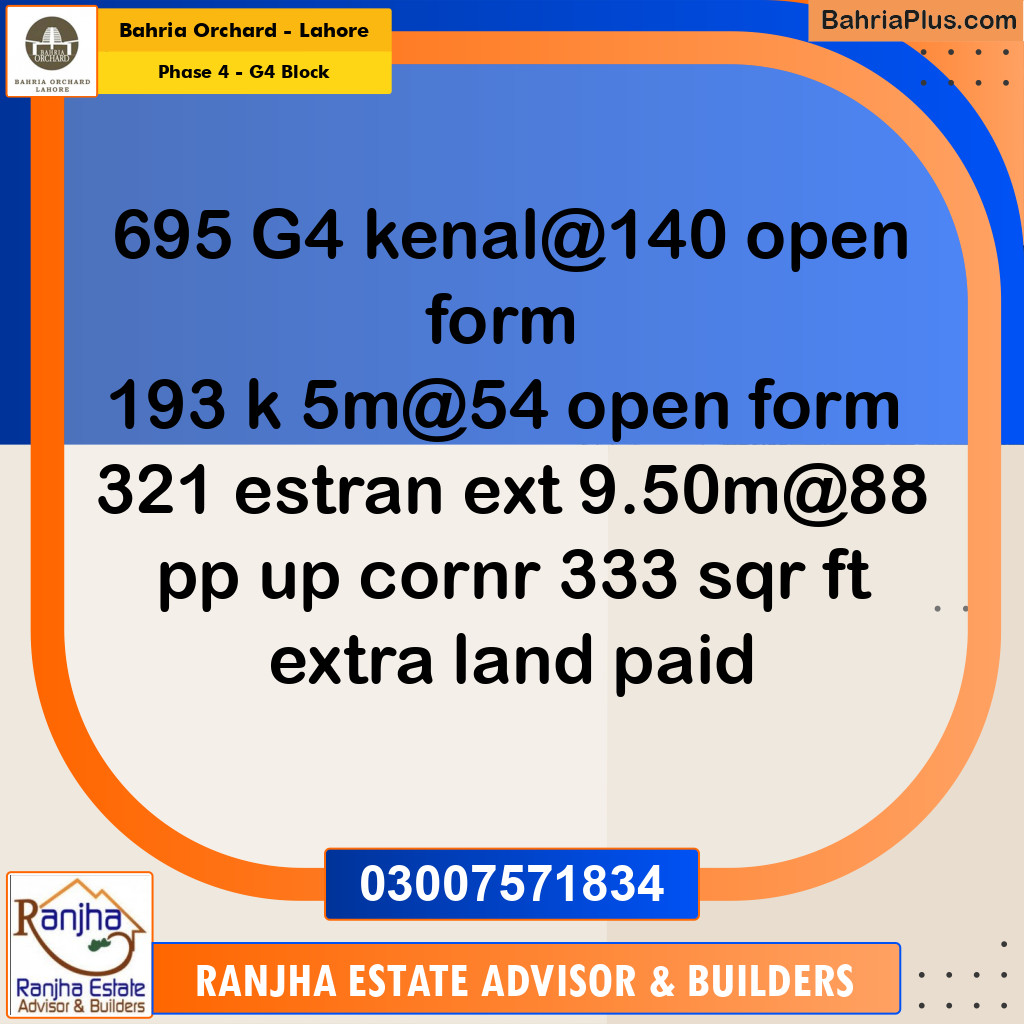 1 Kanal Residential Plot for Sale in Phase 4 - G4 Block -  Bahria Orchard, Lahore - (BP-264633)