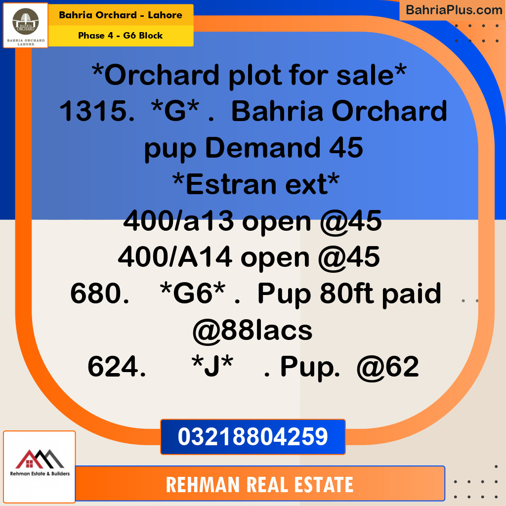 10 Marla Residential Plot for Sale in Phase 4 - G6 Block -  Bahria Orchard, Lahore - (BP-264902)